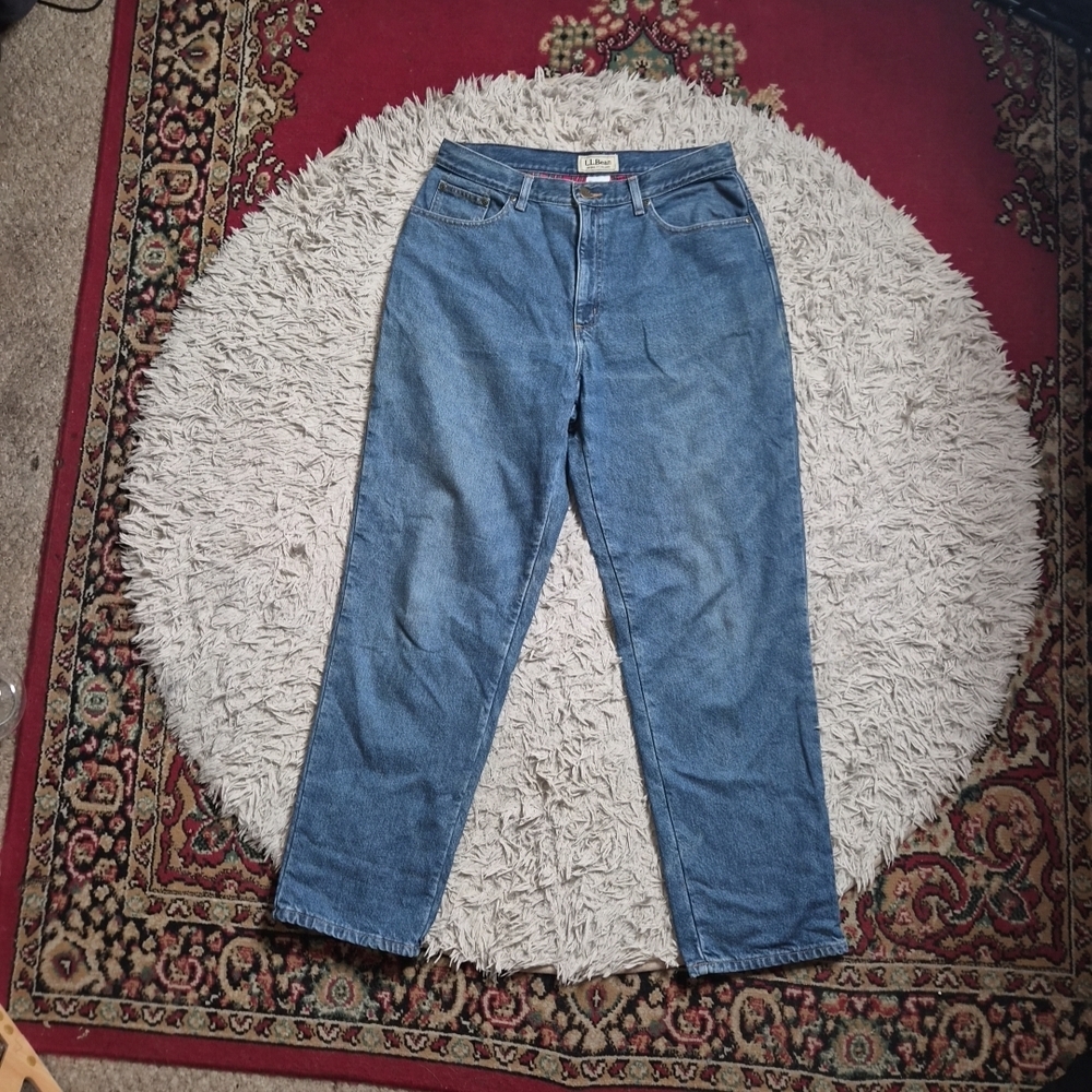 Vintage LL Bean Jeans Red Plaid Flannel Lined Blue Denim Original Fit Relaxed ✨️ - Picture 9 of 15